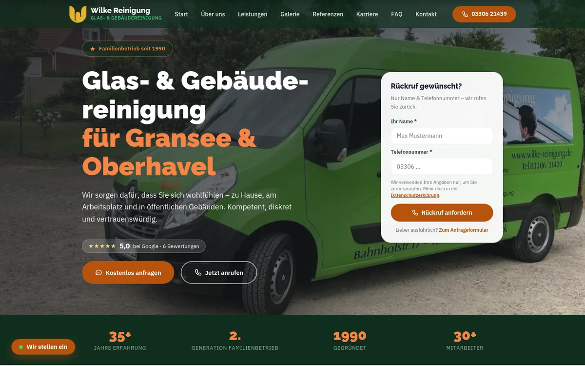 Startseite von wilke-reinigung.de mit Foto des Firmenfahrzeugs und der Überschrift Professionelle Glas- und Gebäudereinigung